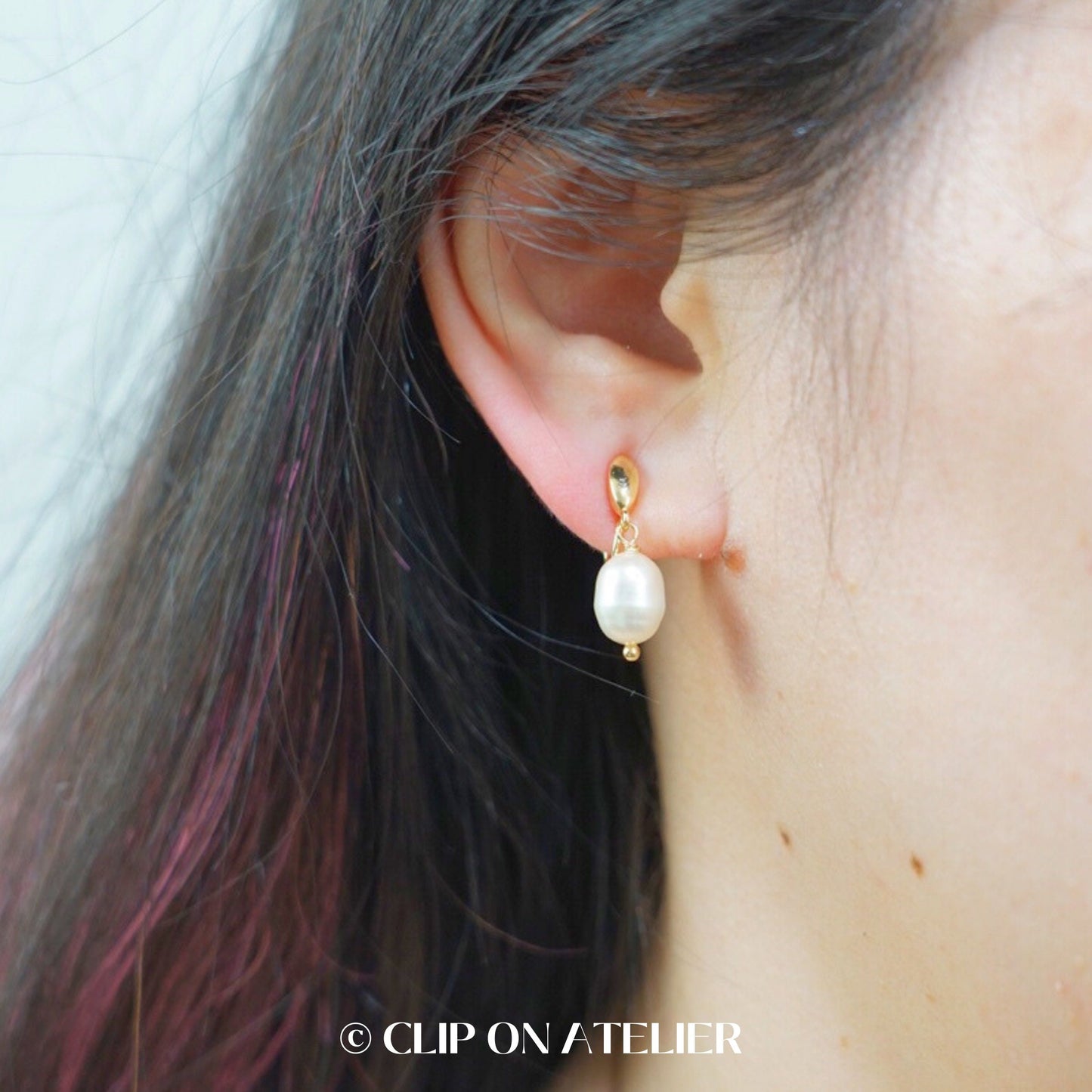 Clip On Earrings Minimalist Natural Pearl Gold Silver Plated Hoop Dangle Ear Clips | Pain Free Coil Non Pierced Ears | Wedding Jewelry Gift