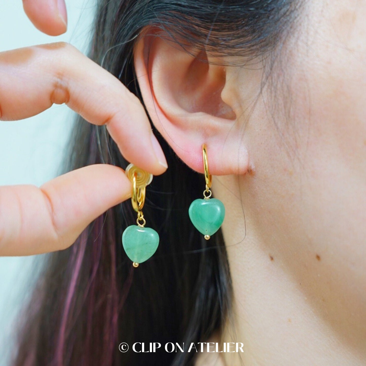 Green Aventurine Heart Clip On Earrings