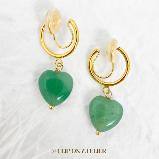 Green Aventurine Heart Clip On Earrings