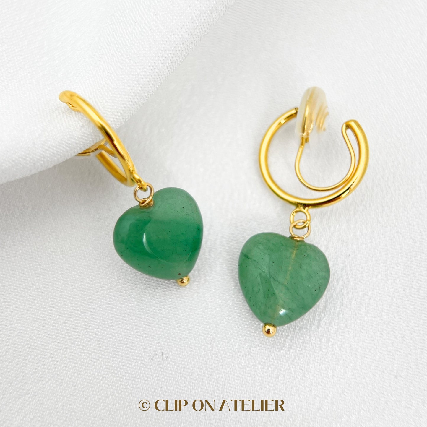 Green Aventurine Heart Clip On Earrings