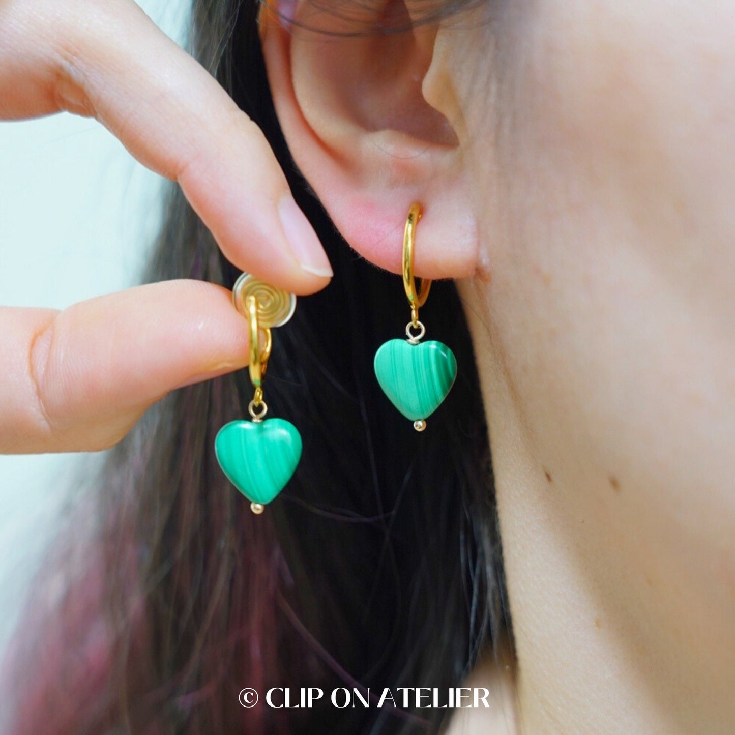 Malachite Heart Clip On Earrings