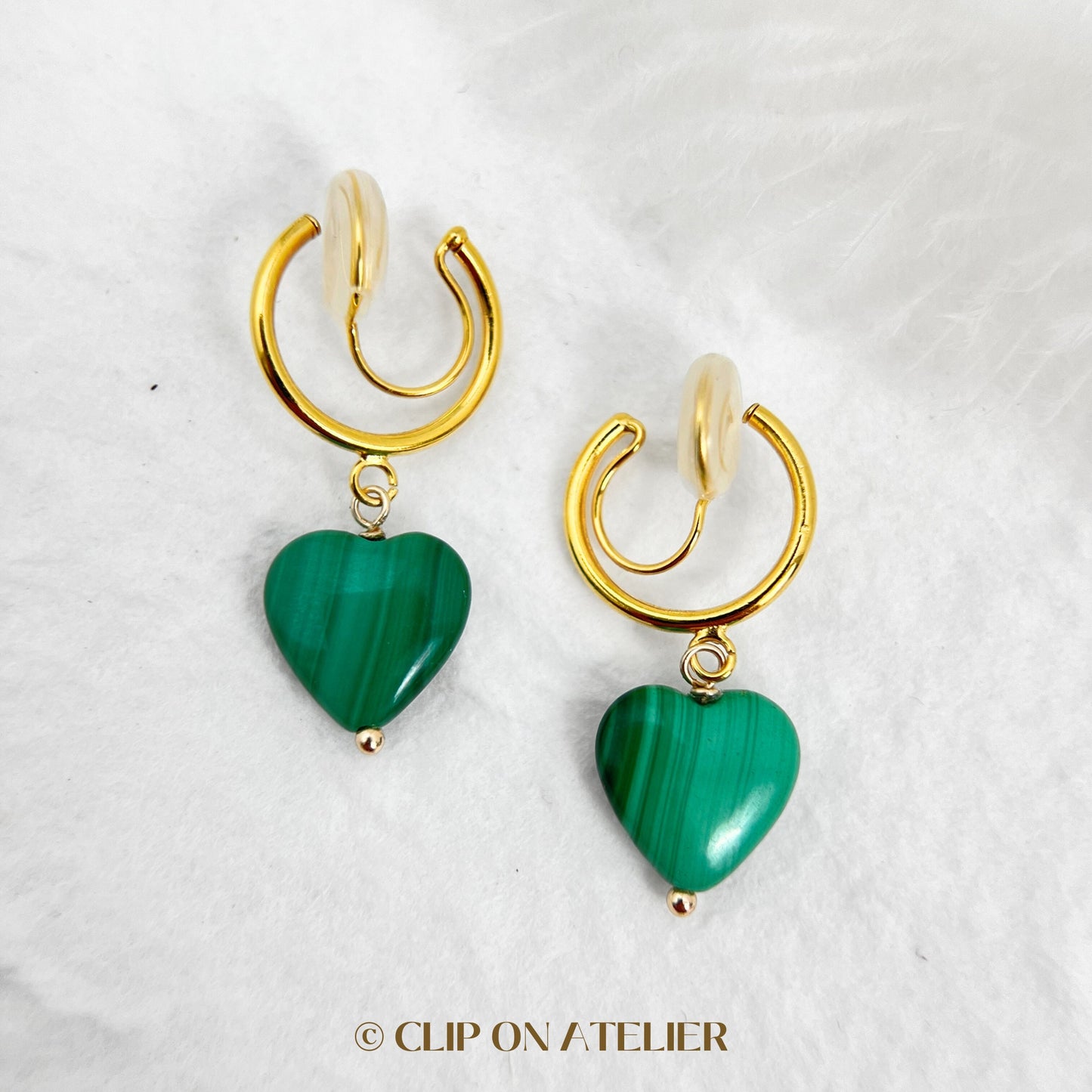 Malachite Heart Clip On Earrings