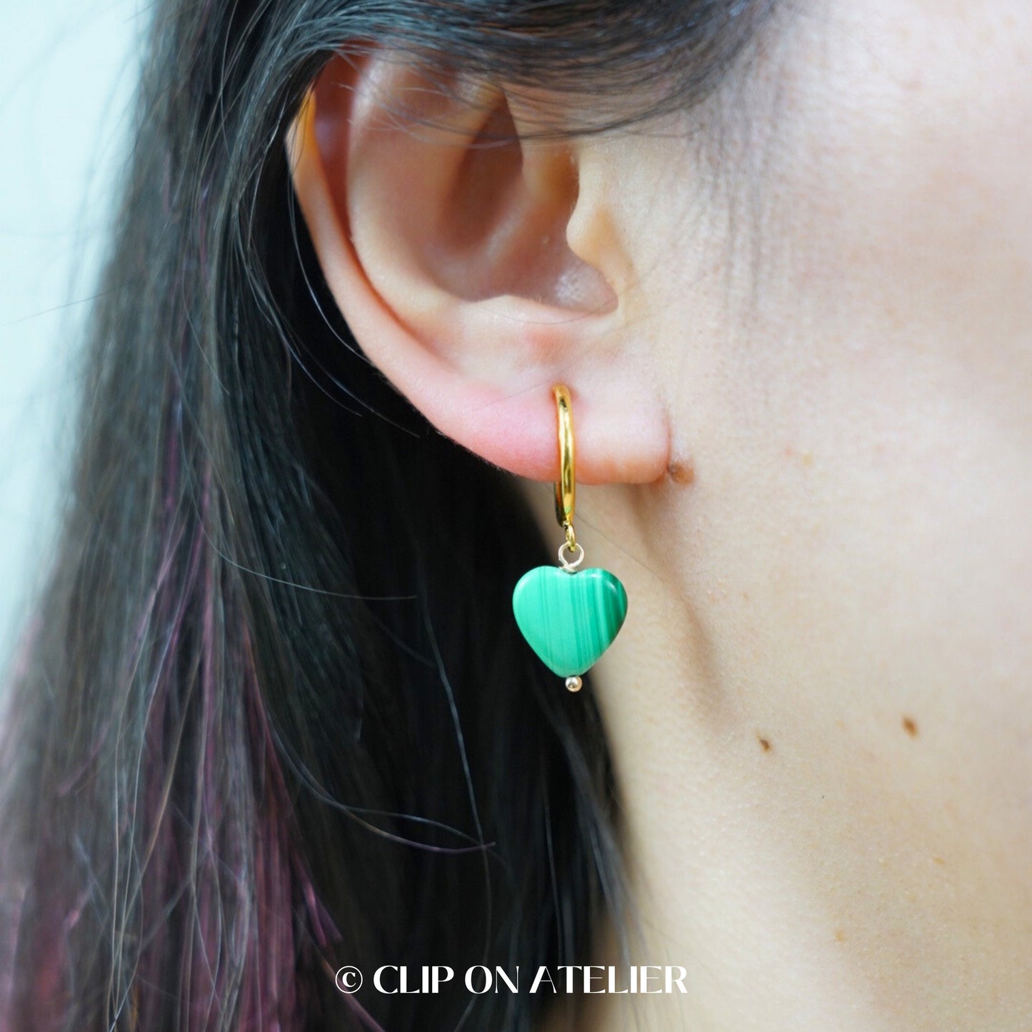 Malachite Heart Clip On Earrings