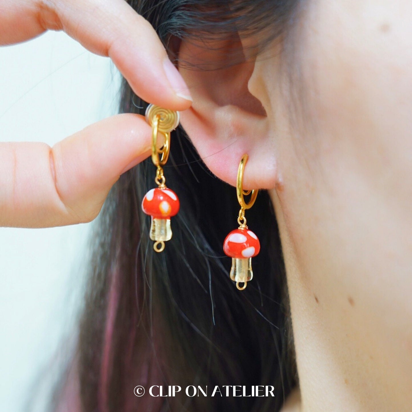 Clip On Earrings Mushroom Minimalist Gold Hoop Pink Red Cute | Boho Dangle Drop Ear Clips | No Pierced Ears | Fun Halloween kid Jewelry Gift