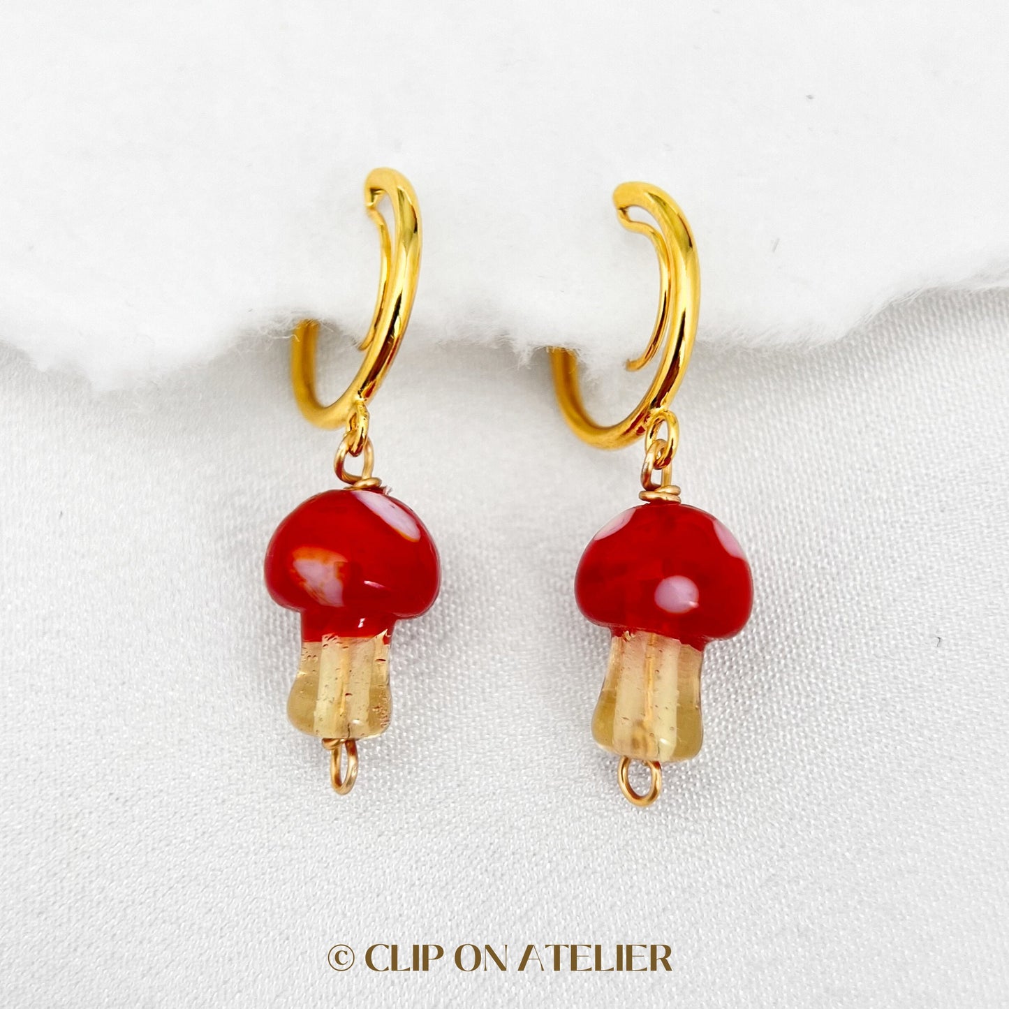 Clip On Earrings Mushroom Minimalist Gold Hoop Pink Red Cute | Boho Dangle Drop Ear Clips | No Pierced Ears | Fun Halloween kid Jewelry Gift