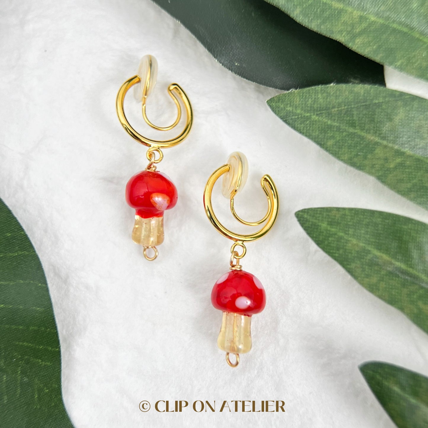 Clip On Earrings Mushroom Minimalist Gold Hoop Pink Red Cute | Boho Dangle Drop Ear Clips | No Pierced Ears | Fun Halloween kid Jewelry Gift