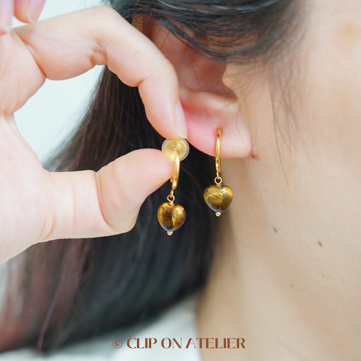 Tigers Eye Heart Gold Hoop Clip On Earring