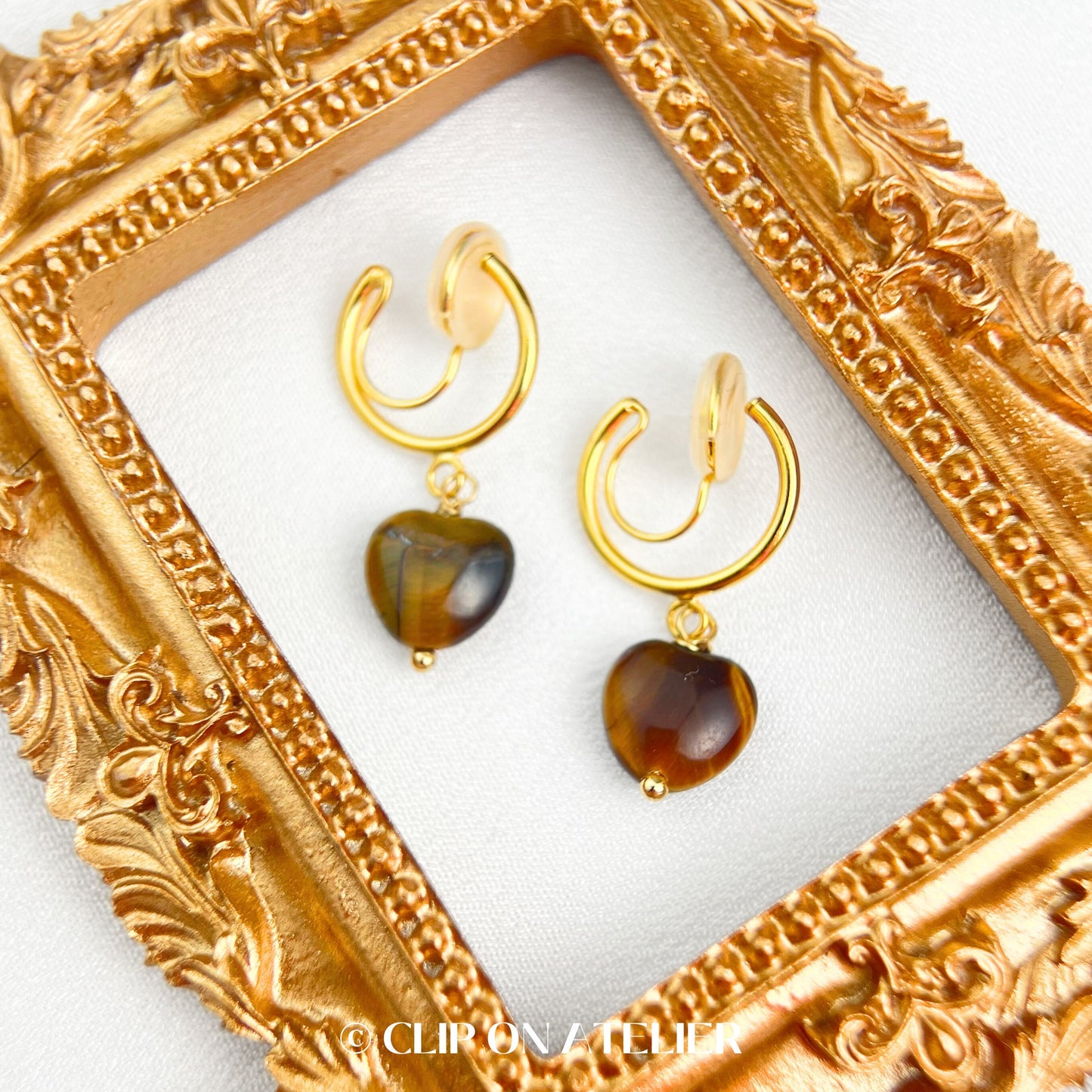 Tigers Eye Heart Gold Hoop Clip On Earring