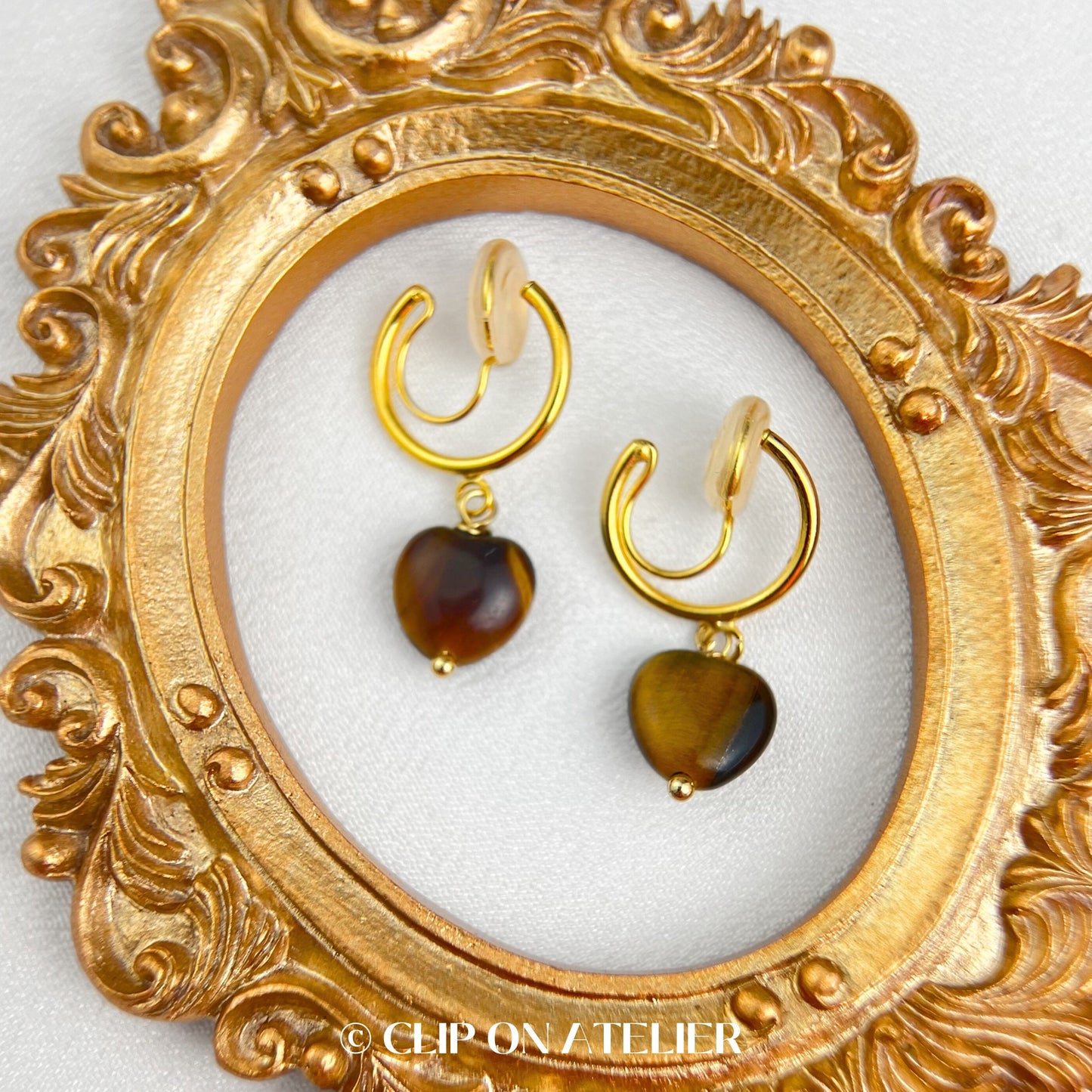 Tigers Eye Heart Gold Hoop Clip On Earring