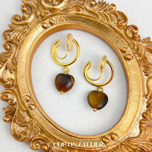 Tigers Eye Heart Gold Hoop Clip On Earring
