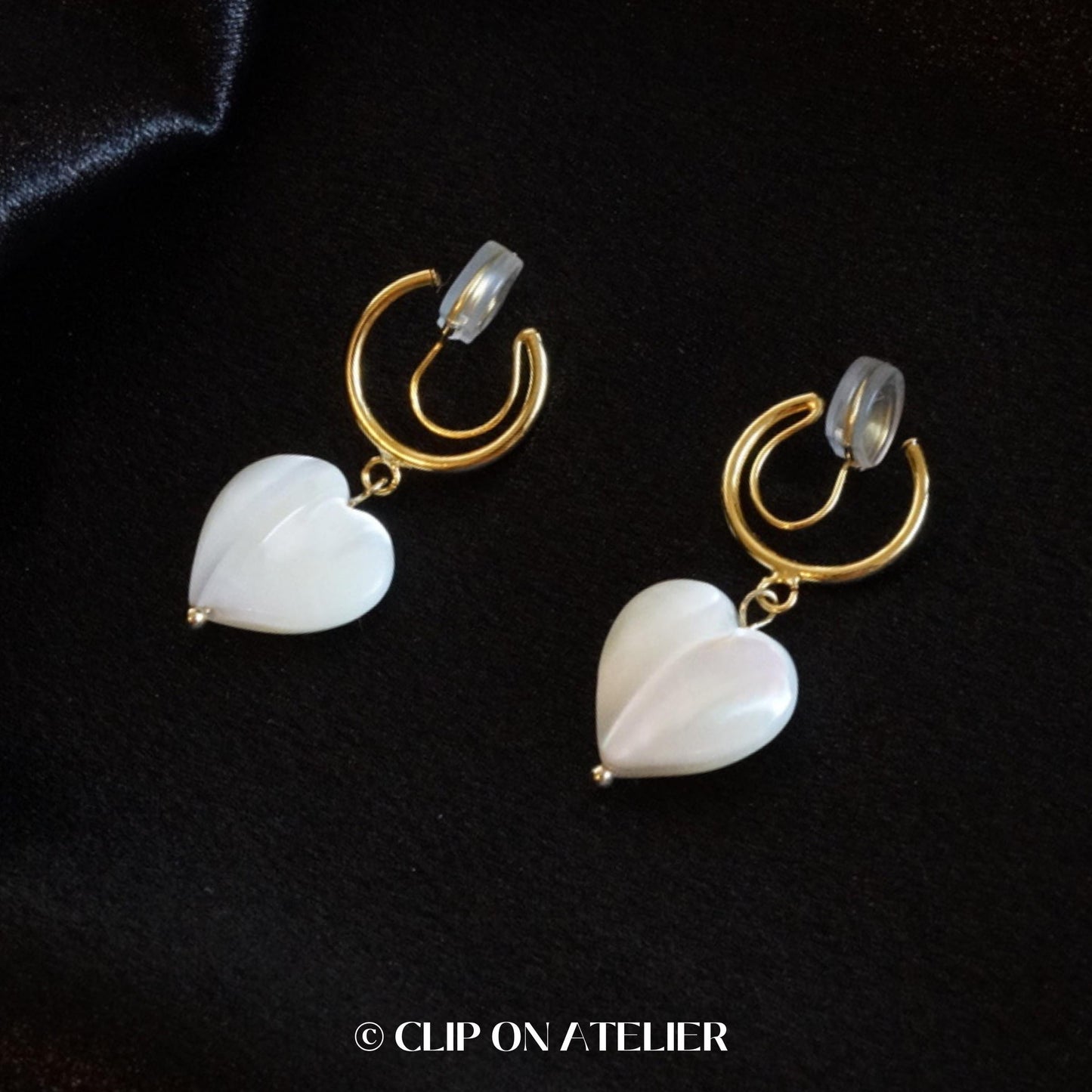 Mother of Pearl Heart Gold Hoop Clip On Earrings