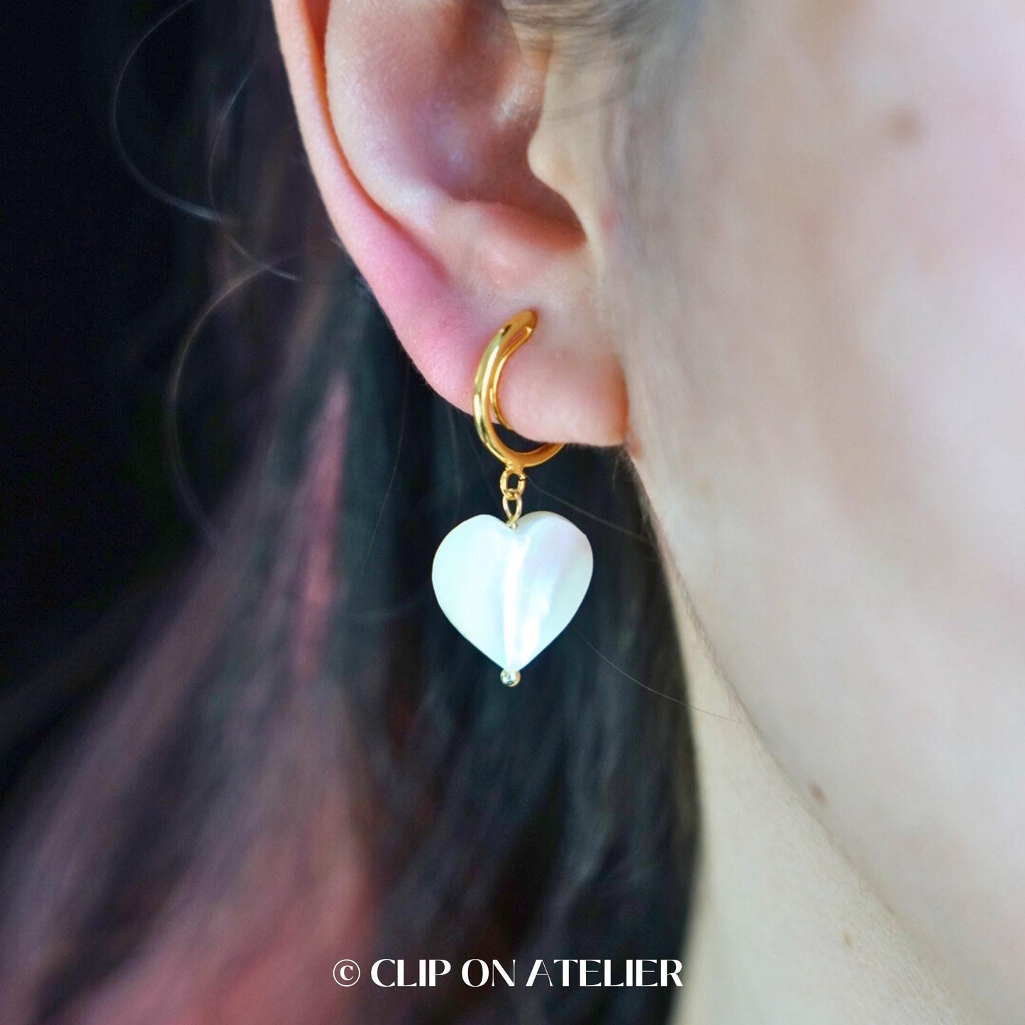 Mother of Pearl Heart Gold Hoop Clip On Earrings
