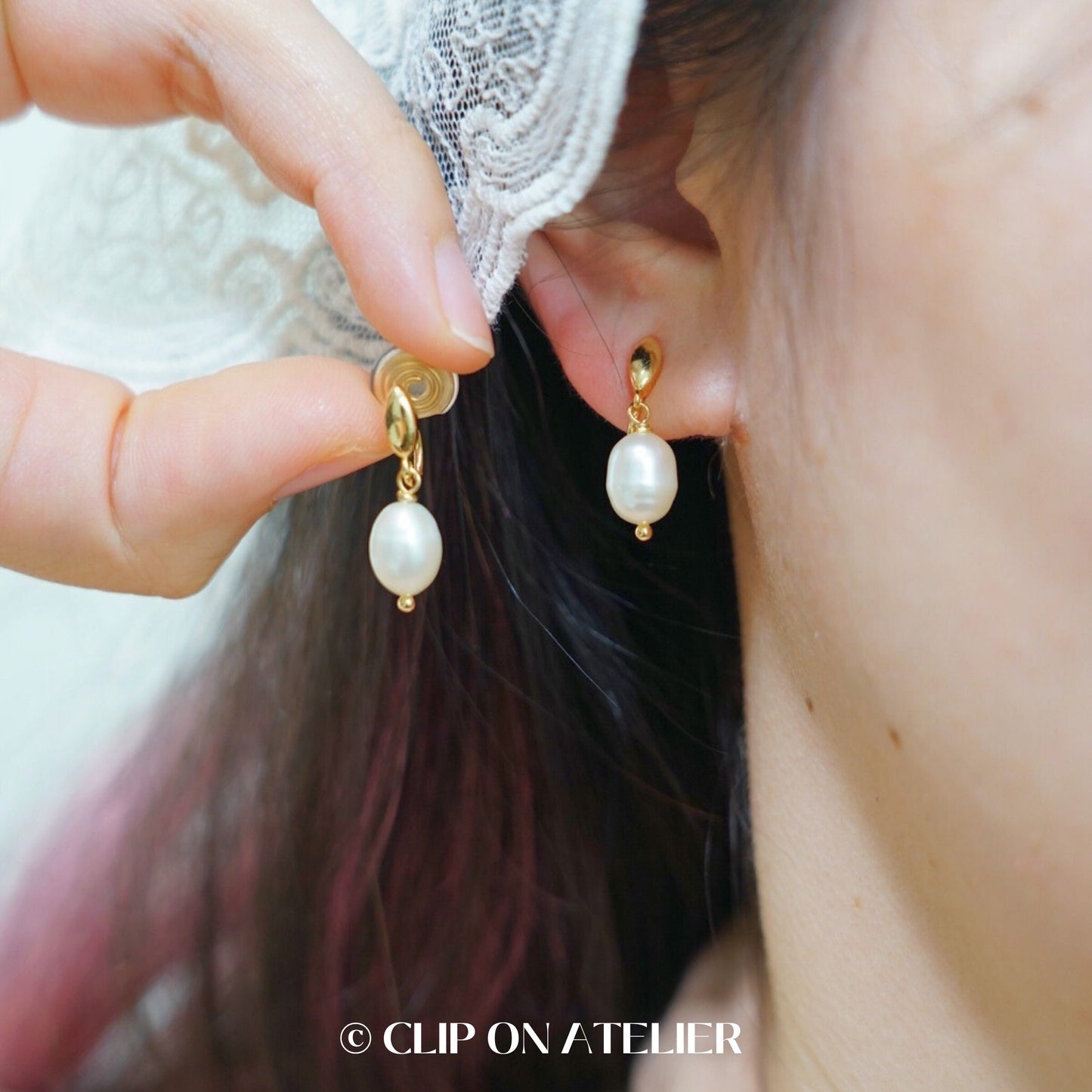 Clip On Earrings Minimalist Natural Pearl Gold Silver Plated Hoop Dangle Ear Clips | Pain Free Coil Non Pierced Ears | Wedding Jewelry Gift