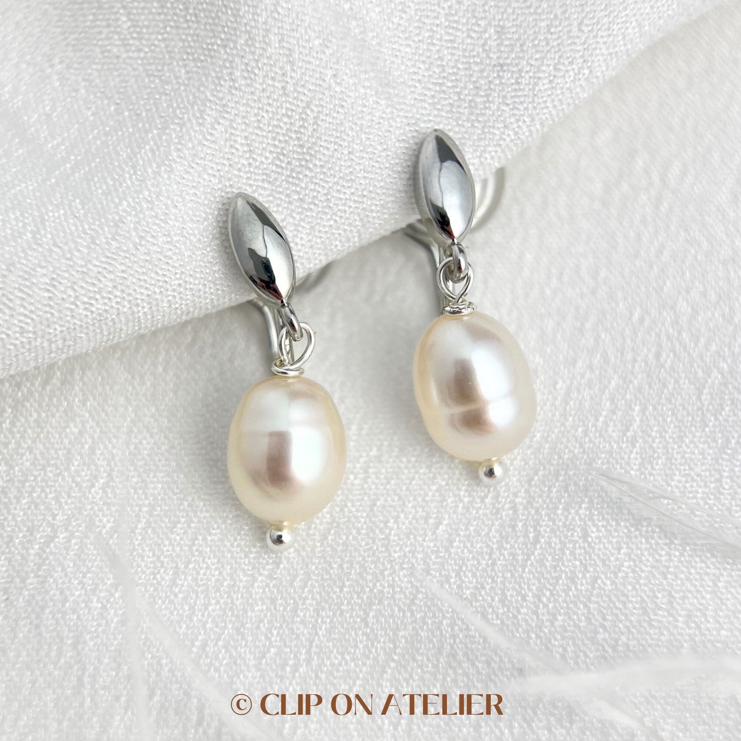 Clip On Earrings Minimalist Natural Pearl Gold Silver Plated Hoop Dangle Ear Clips | Pain Free Coil Non Pierced Ears | Wedding Jewelry Gift