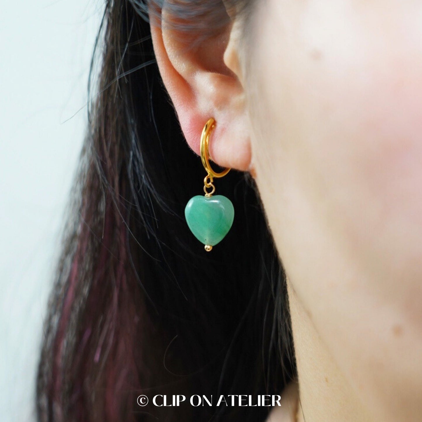 Green Aventurine Heart Clip On Earrings