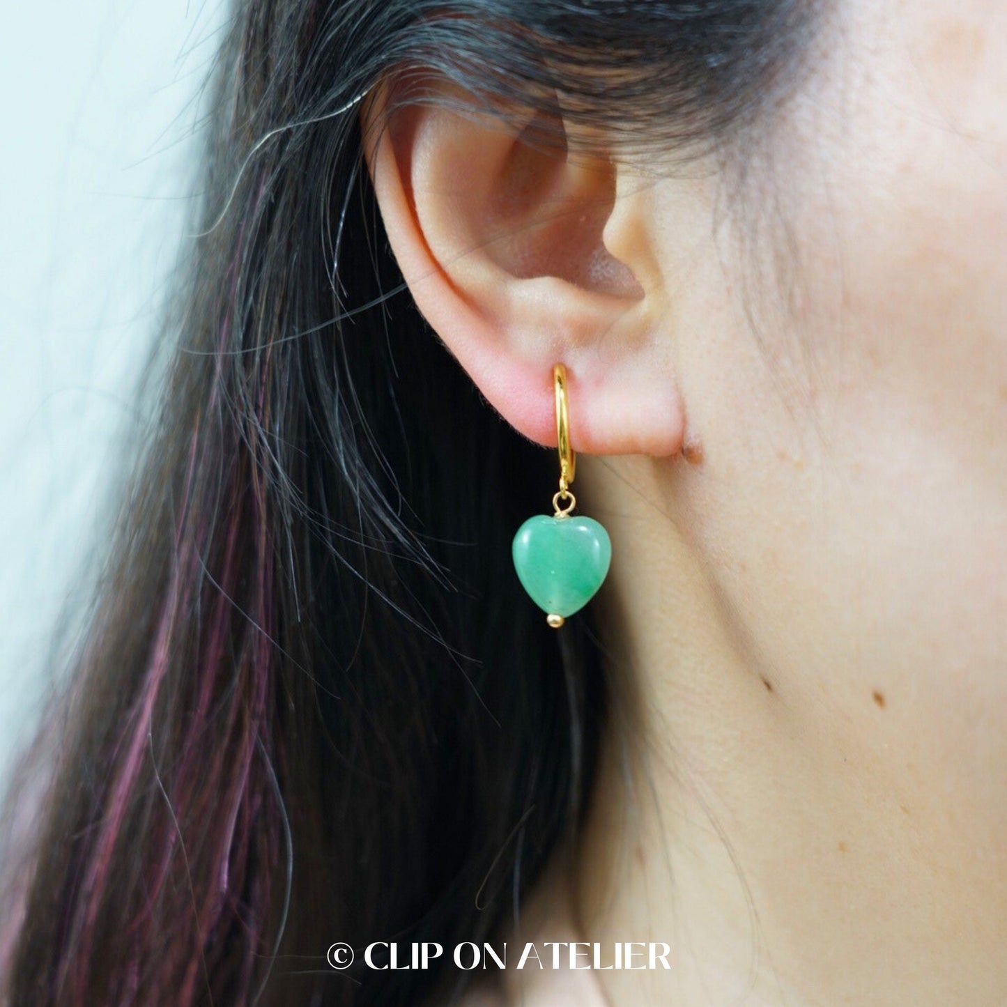 Green Aventurine Heart Clip On Earrings