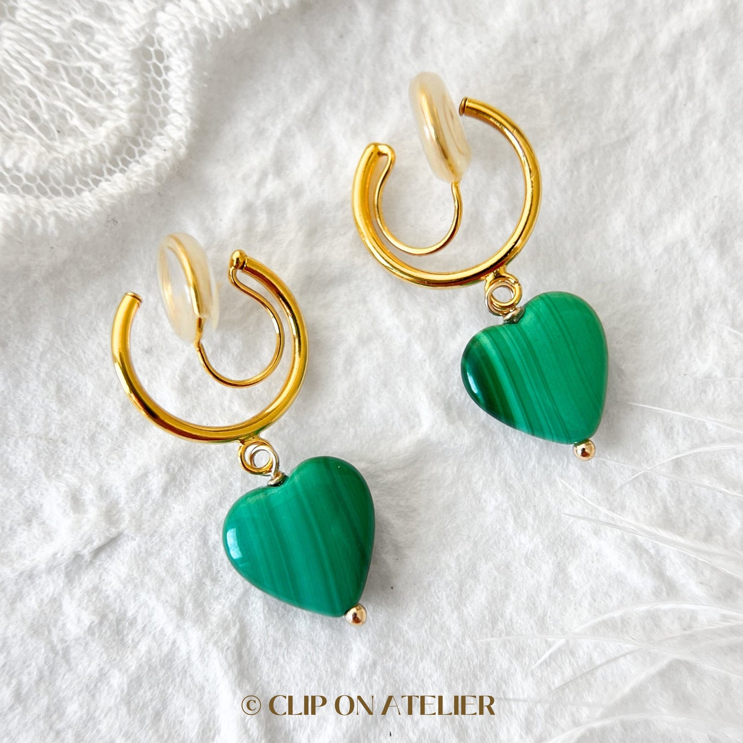 Malachite Heart Clip On Earrings