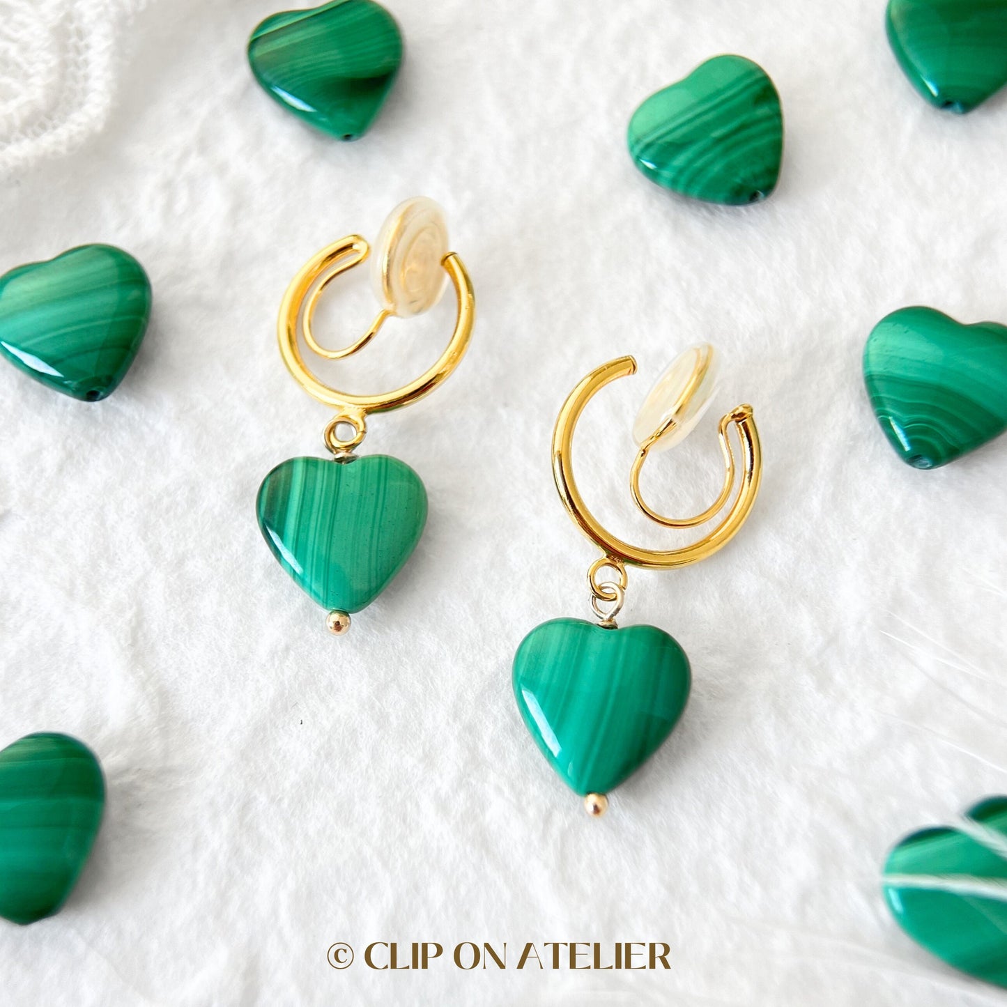 Malachite Heart Clip On Earrings