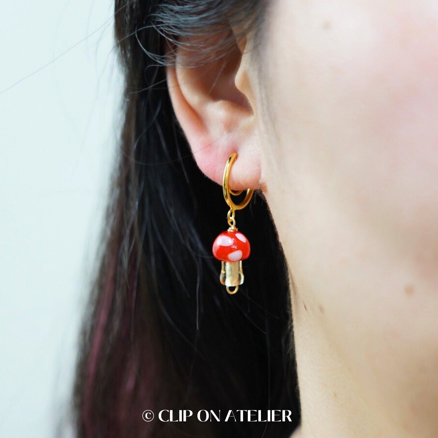 Clip On Earrings Mushroom Minimalist Gold Hoop Pink Red Cute | Boho Dangle Drop Ear Clips | No Pierced Ears | Fun Halloween kid Jewelry Gift