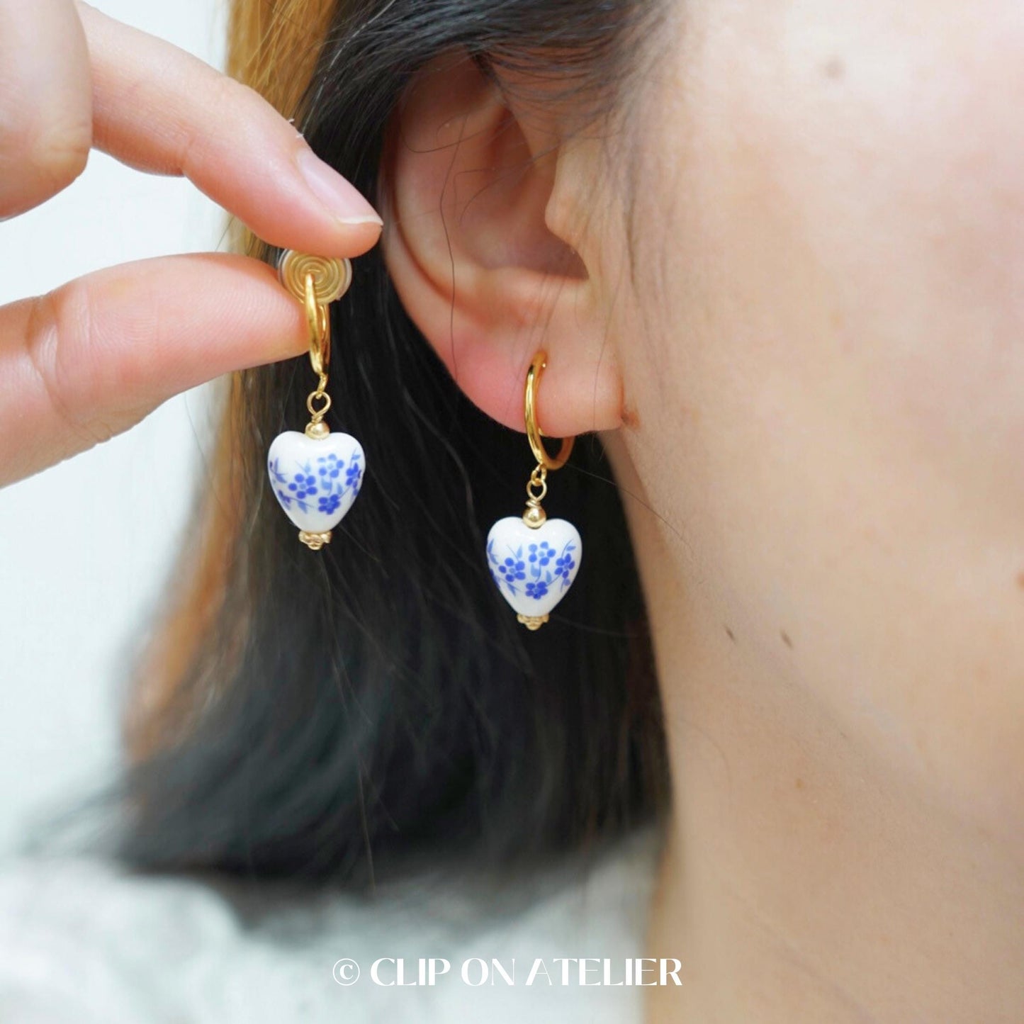 Blur Porcelain Heart Clip On Earrings