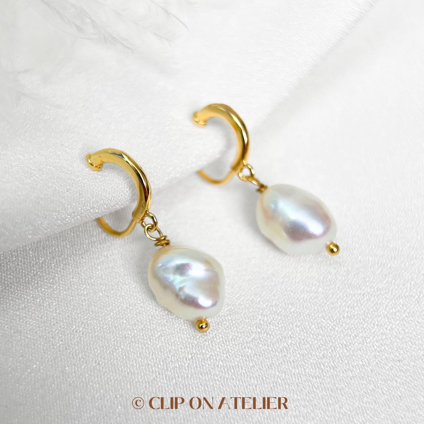 Clip On Earrings Natural Baroque Freshwater Pearl 14K Gold Plated Hoop Ear Clips | Pain Free Coil | Non Pierced Ears | Wedding Jewelry Gift