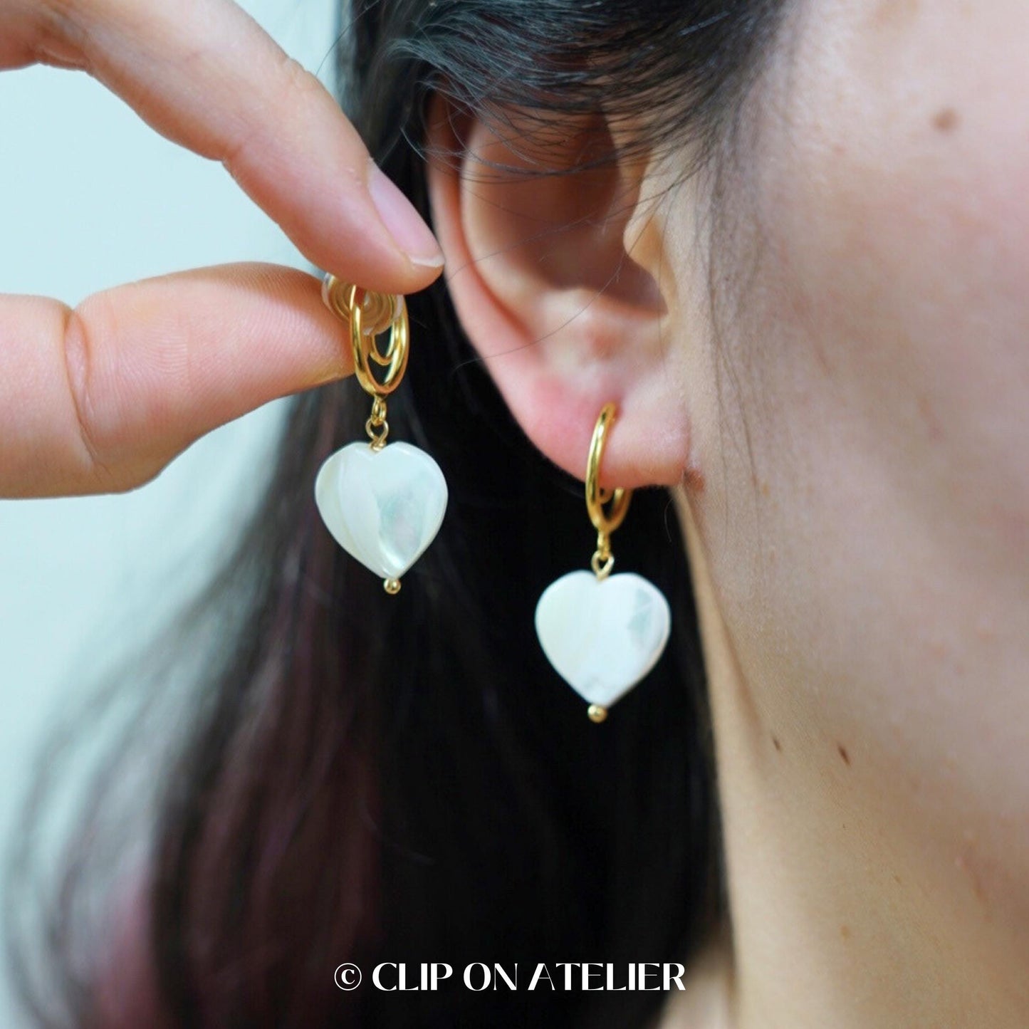 Mother of Pearl Heart Gold Hoop Clip On Earrings