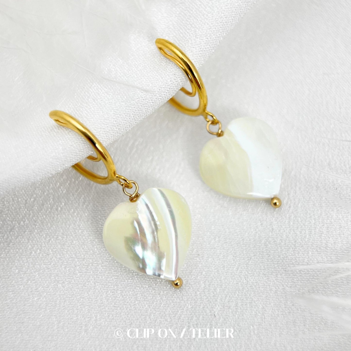 Mother of Pearl Heart Gold Hoop Clip On Earrings