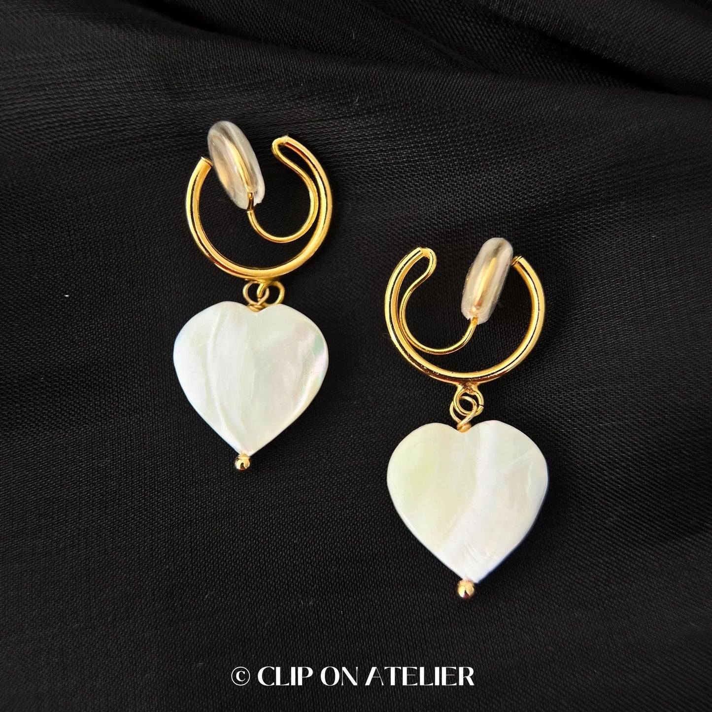 Mother of Pearl Heart Gold Hoop Clip On Earrings