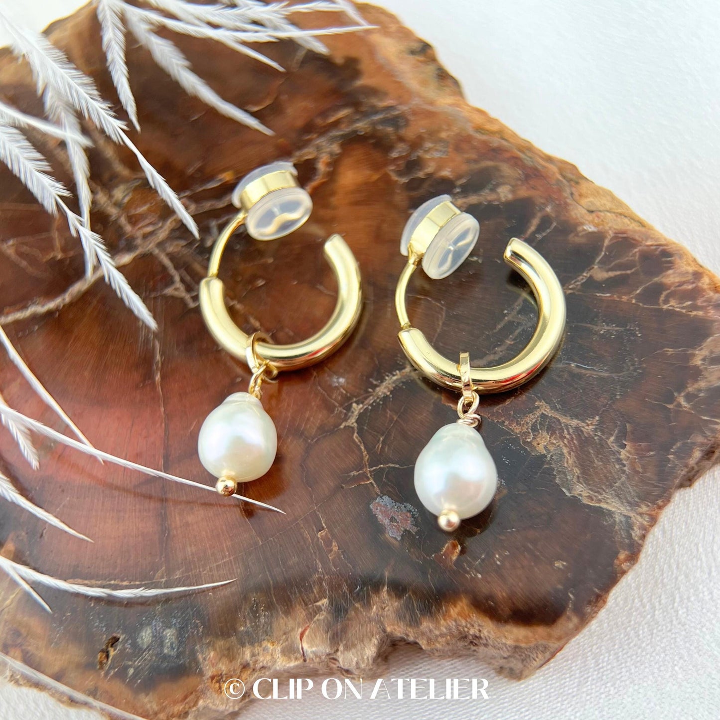 Natural Pearl Hoop Clip On Earrings
