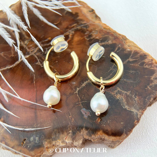 Natural Pearl Hoop Clip On Earrings