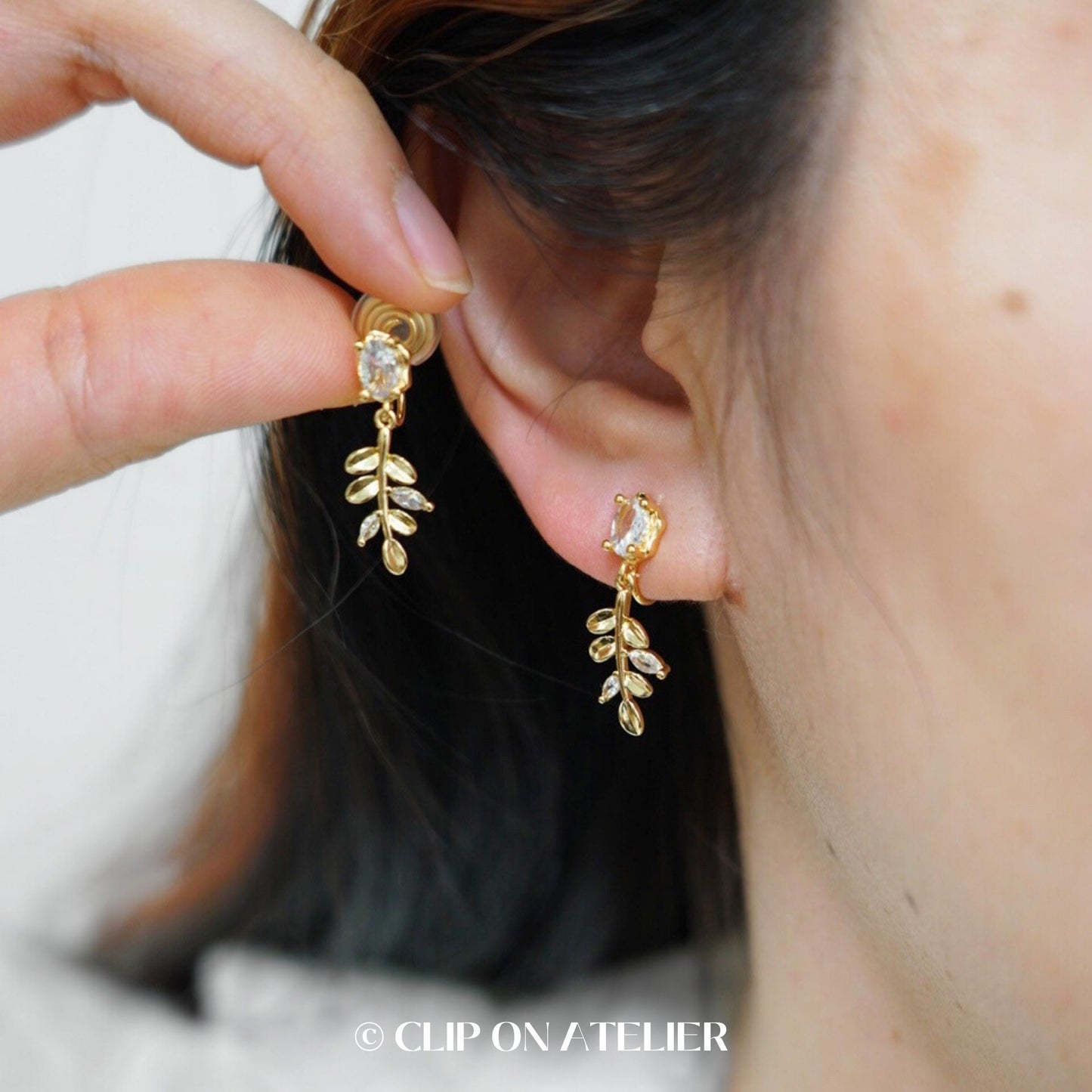 Clip On Earrings Gold Minimalist Boho Leaf Branch CZ Diamond Dainty Drop Dangle Ear Clips | Non Pierced Ears | Pain Free Coil | Jewelry Gift