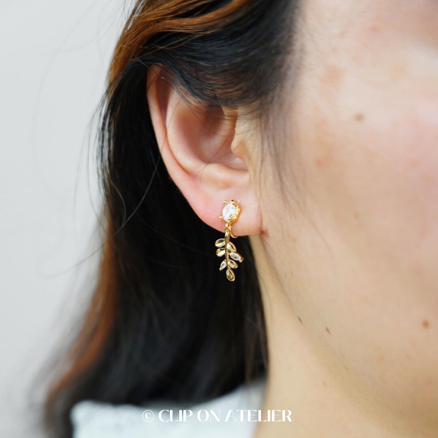 Clip On Earrings Gold Minimalist Boho Leaf Branch CZ Diamond Dainty Drop Dangle Ear Clips | Non Pierced Ears | Pain Free Coil | Jewelry Gift