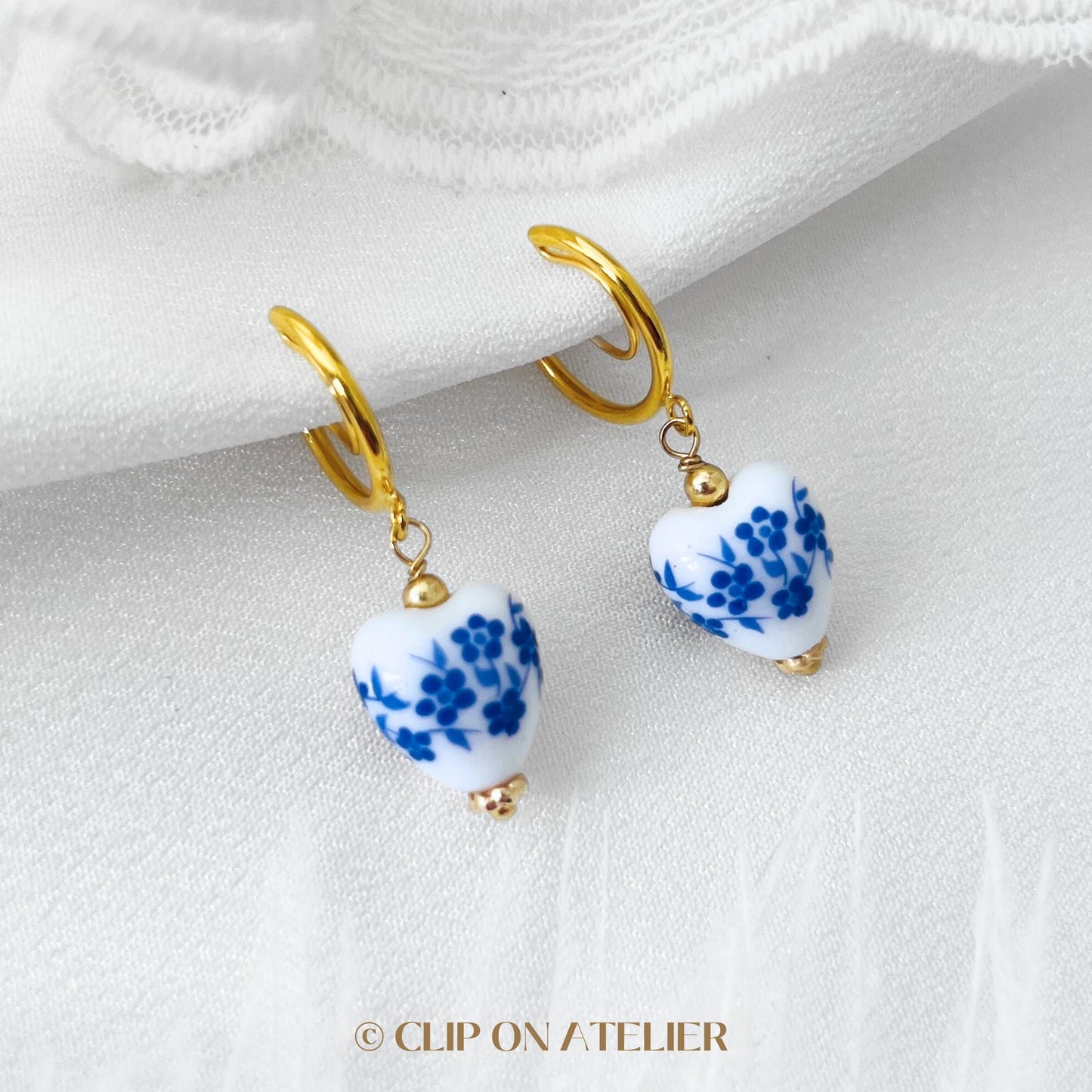 Blur Porcelain Heart Clip On Earrings