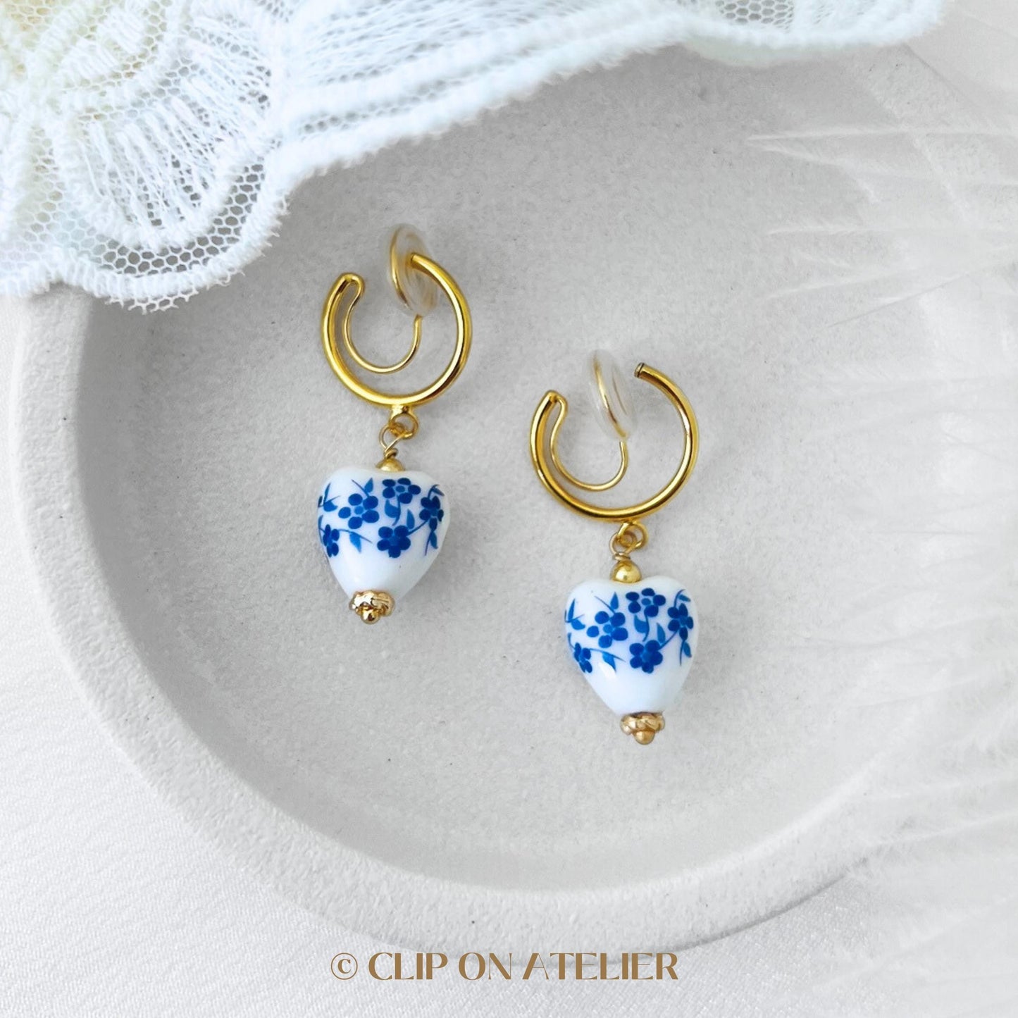 Blur Porcelain Heart Clip On Earrings