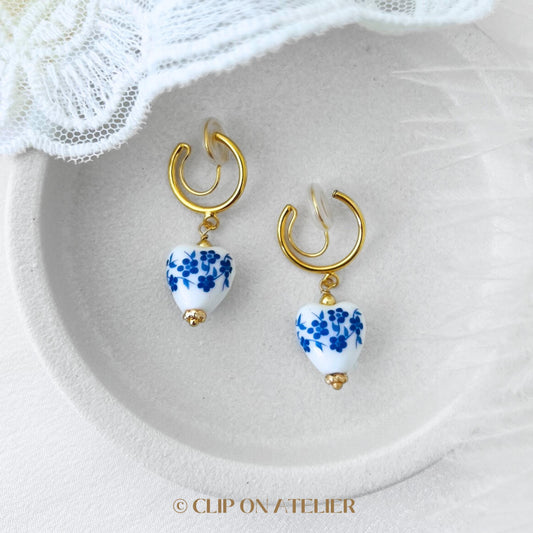 Blur Porcelain Heart Clip On Earrings
