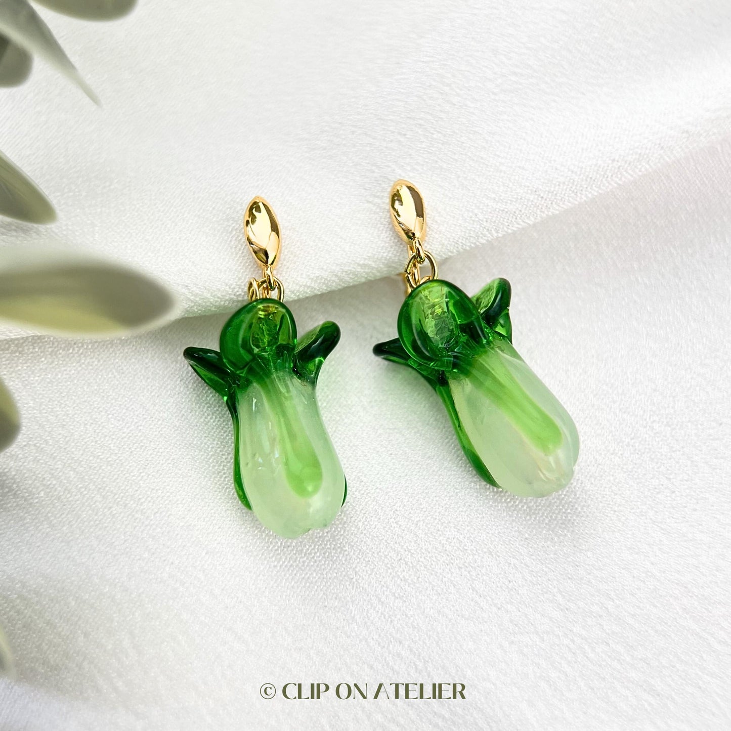 Clip On Earrings Green Vegetable Bok Choy Cute Earring Ear Clips  | Pain Free Clip Coil | Non Pierced Ears | Christmas Jewelry Gift Kid Her