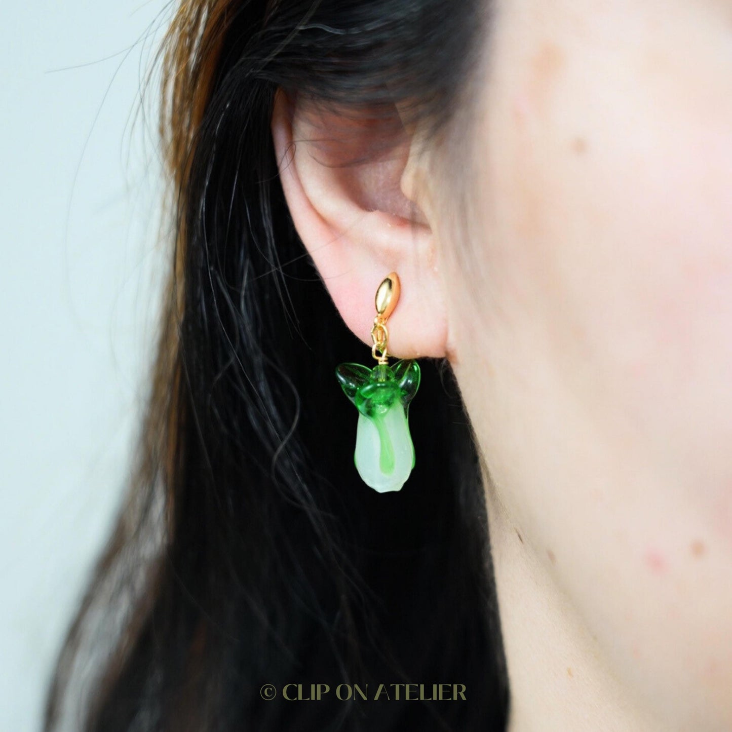 Clip On Earrings Green Vegetable Bok Choy Cute Earring Ear Clips  | Pain Free Clip Coil | Non Pierced Ears | Christmas Jewelry Gift Kid Her