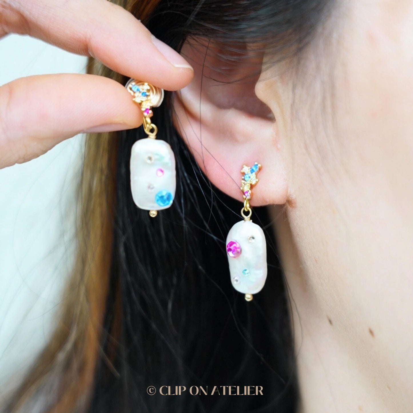 Clip On Earrings Natural Baroque Pearl Inlaid Color CZ Diamond