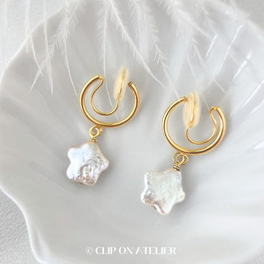 Clip On Earrings Pearl Star Minimalist Gold Hoop Dainty Ear Clips Huggie | Invisible No Piercing Non Pierced Ears | Boho Starry Jewelry Gift