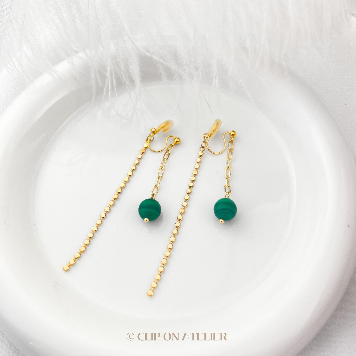 Boho Malachite Dangle Clip on Earrings