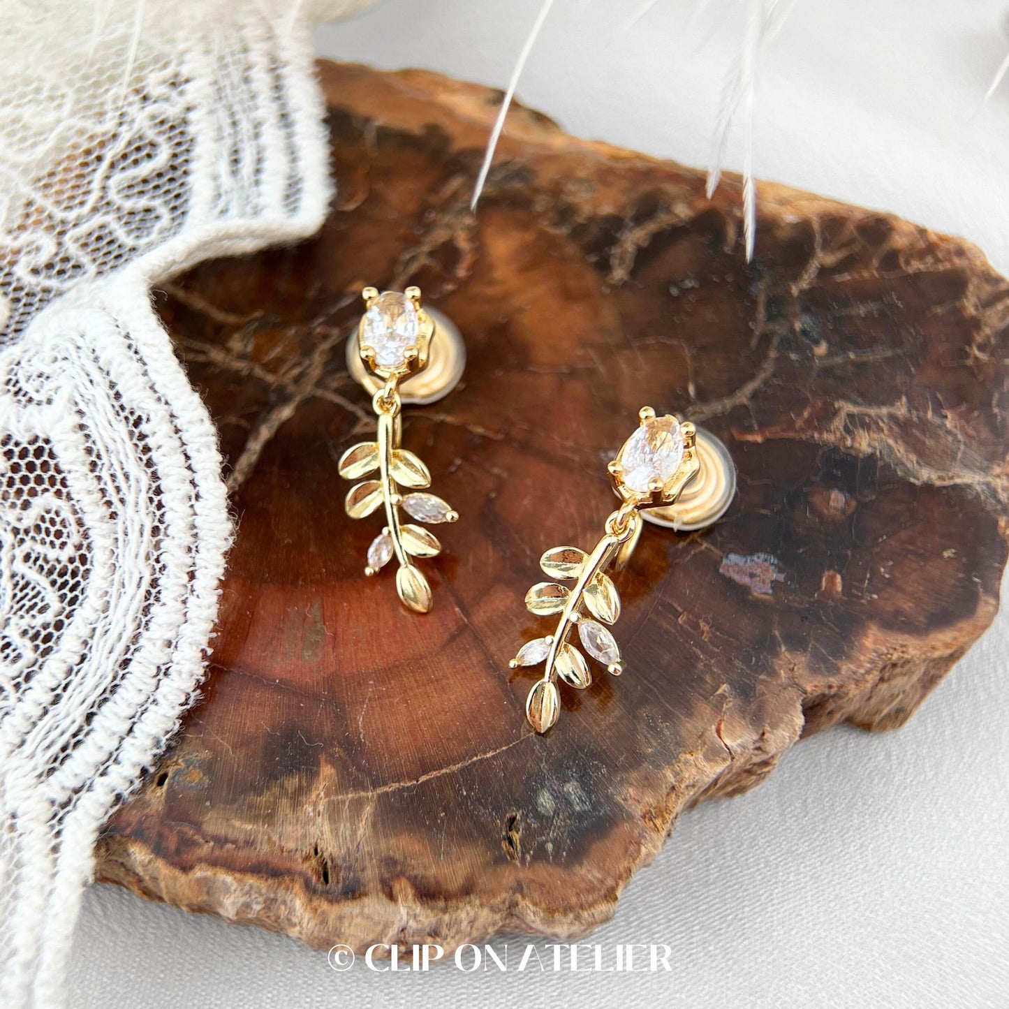 Clip On Earrings Gold Minimalist Boho Leaf Branch CZ Diamond Dainty Drop Dangle Ear Clips | Non Pierced Ears | Pain Free Coil | Jewelry Gift