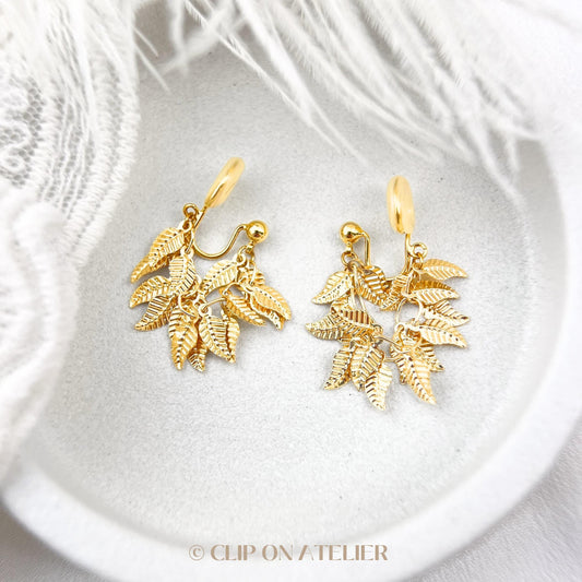 Clip On Earrings Gold Minimalist Tassel Leaf Chain Hoops Huggie Ear Clips Boho Ear Threader | Non Pierced Ears | Pain Free Coil Jewelry Gift