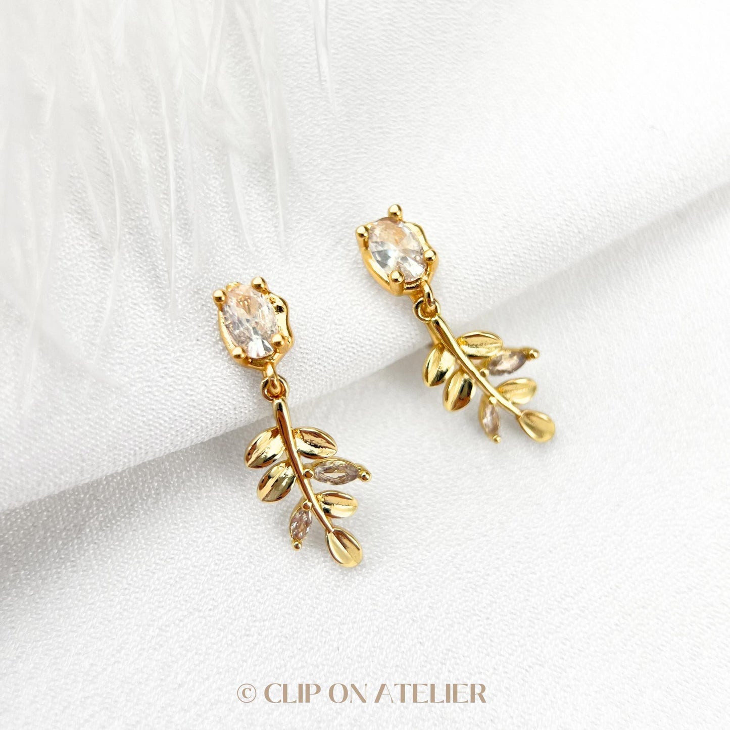 Clip On Earrings Gold Minimalist Boho Leaf Branch CZ Diamond Dainty Drop Dangle Ear Clips | Non Pierced Ears | Pain Free Coil | Jewelry Gift