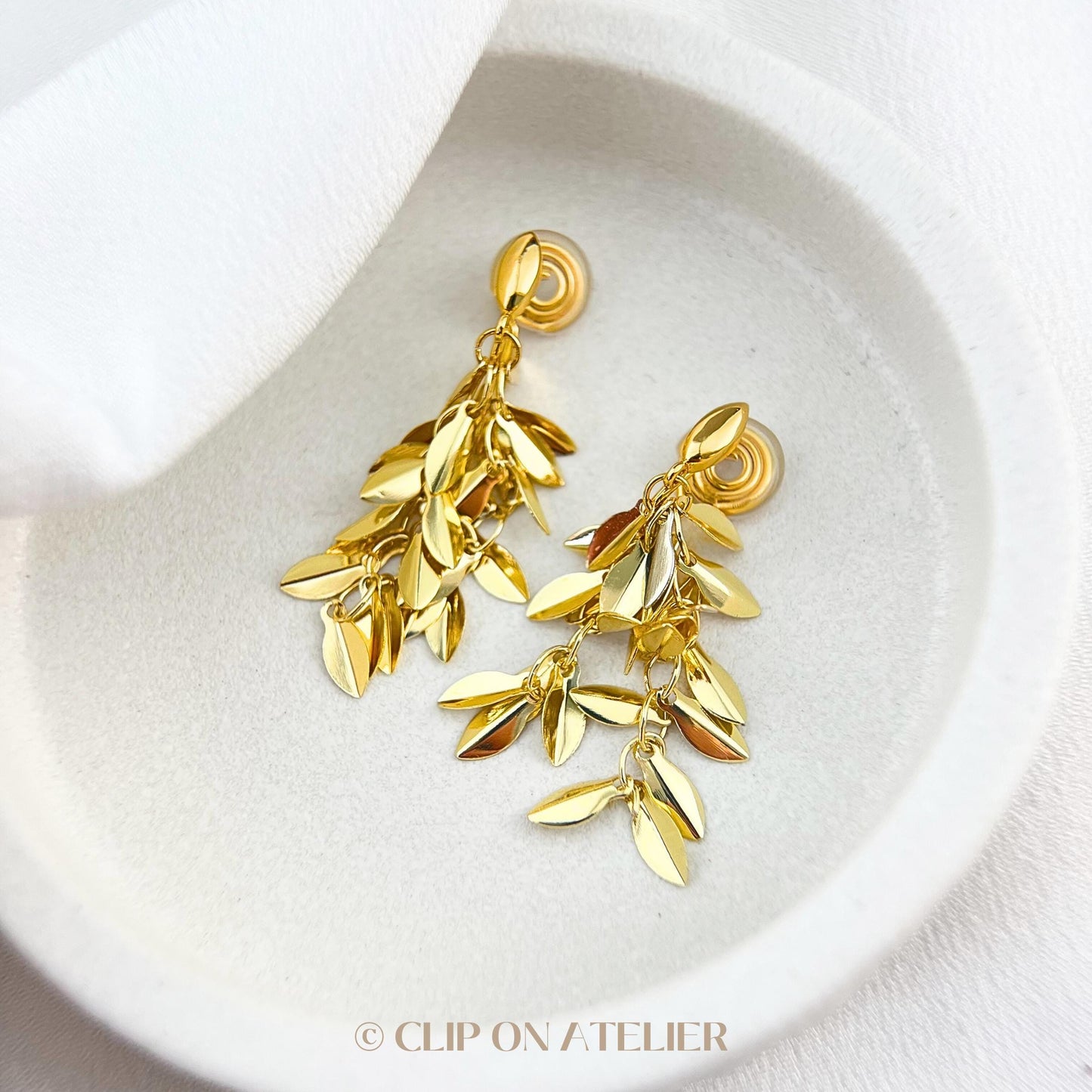 Clip On Earrings Gold Leaf Minimalist Tassel Chain Hoops Huggie Ear Clips Boho Ear Threader | Non Pierced Ears | Pain Free Coil Jewelry Gift