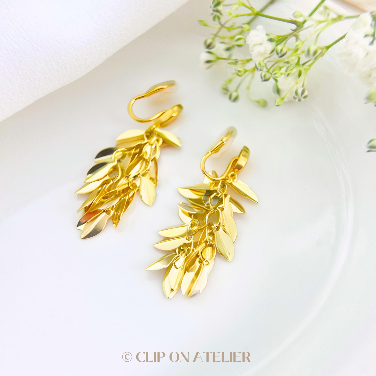 Clip On Earrings Gold Leaf Minimalist Tassel Chain Hoops Huggie Ear Clips Boho Ear Threader | Non Pierced Ears | Pain Free Coil Jewelry Gift