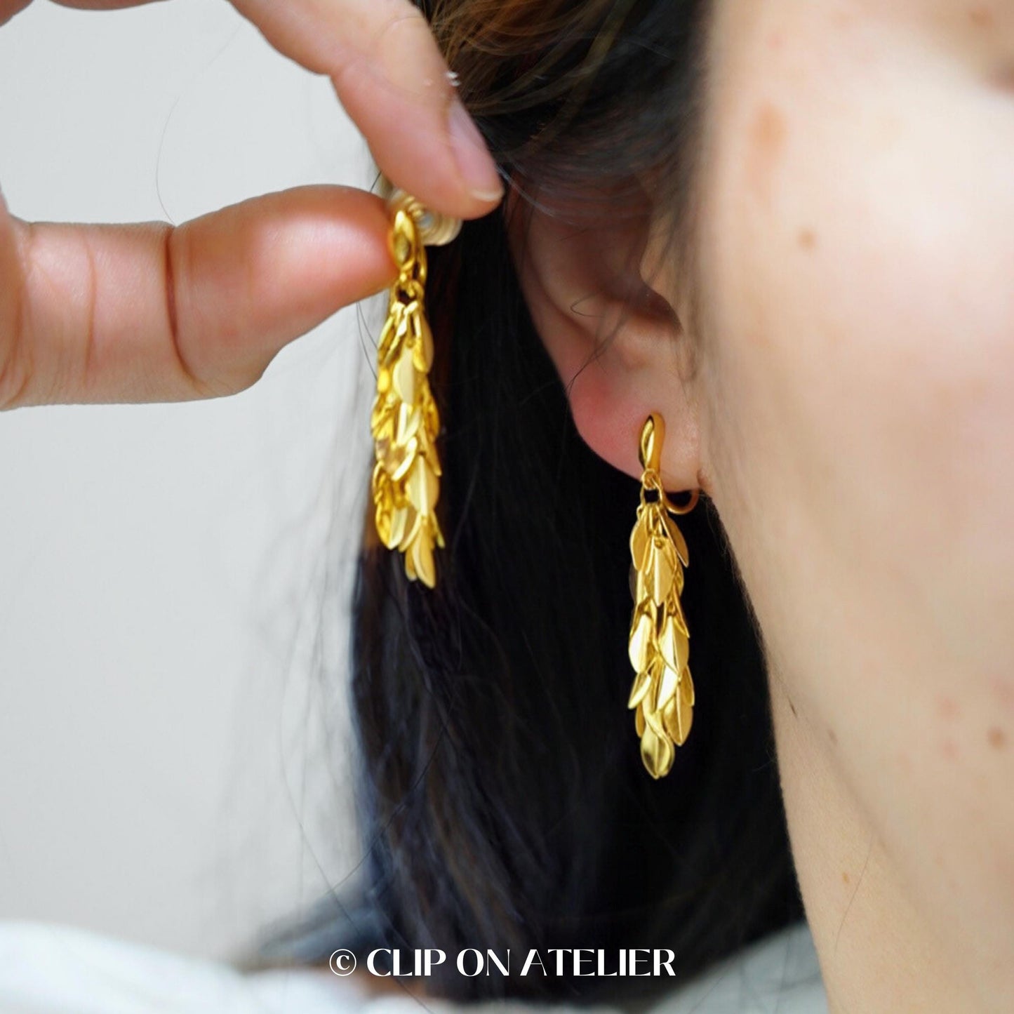 Clip On Earrings Gold Leaf Minimalist Tassel Chain Hoops Huggie Ear Clips Boho Ear Threader | Non Pierced Ears | Pain Free Coil Jewelry Gift