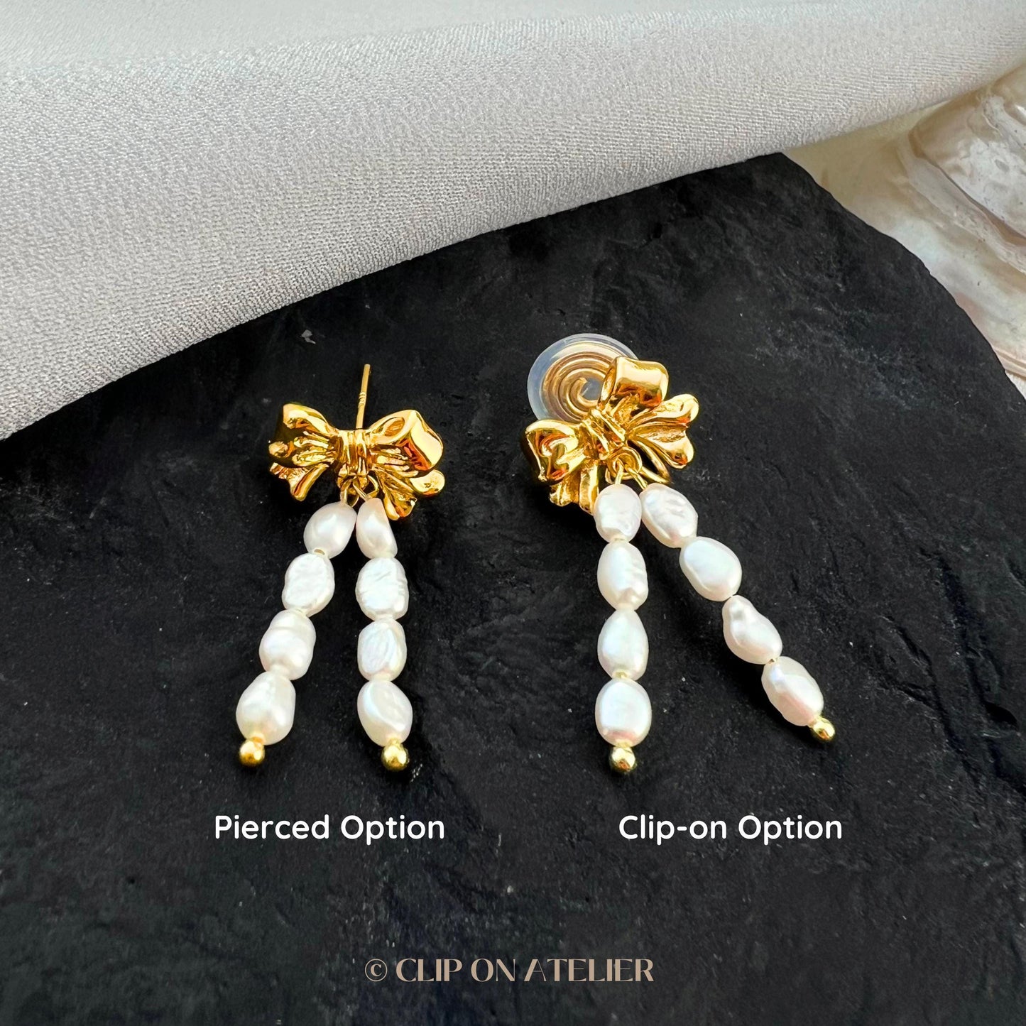 Pearl Bow Tie Clip On Earrings