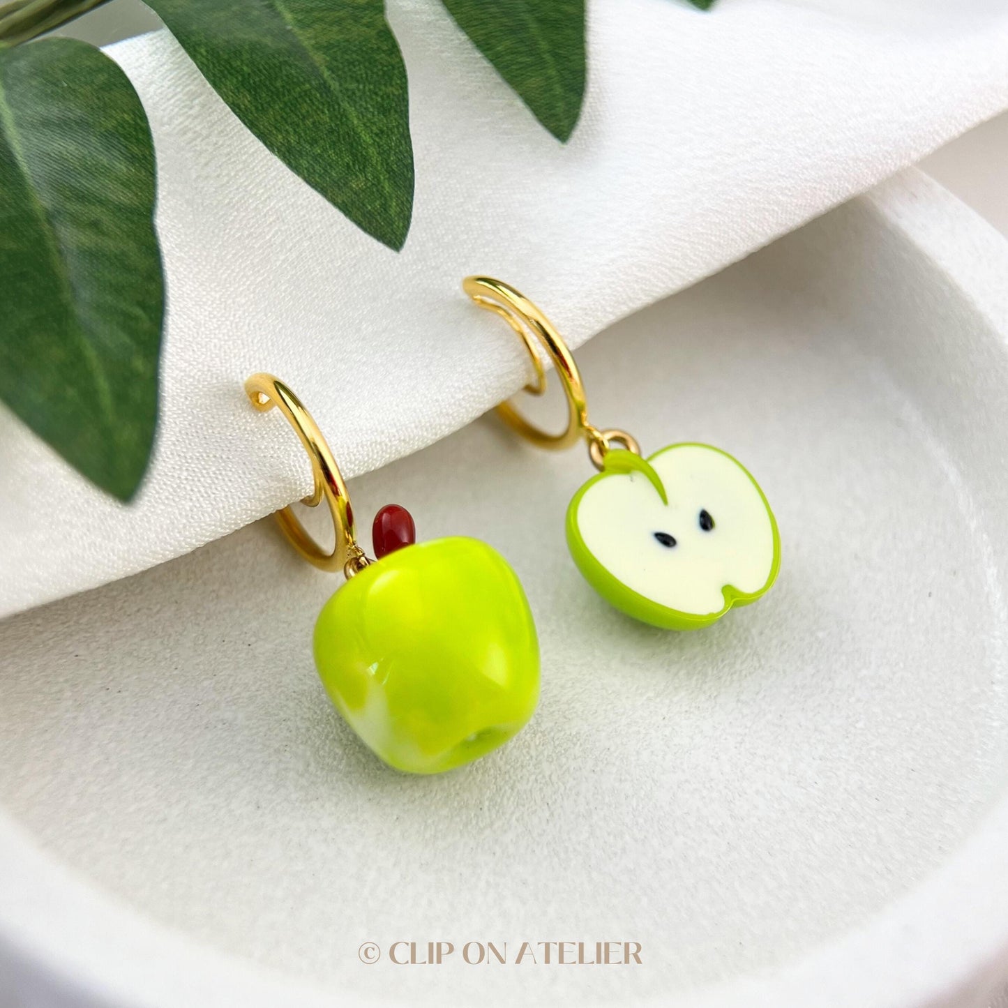 Clip On Earrings Apple Red Green Fruit Gold Hoop Earring Cute Huggies  | Pain Free Clip Coil | Non Pierced Ears | Christmas Jewelry Gift Kid