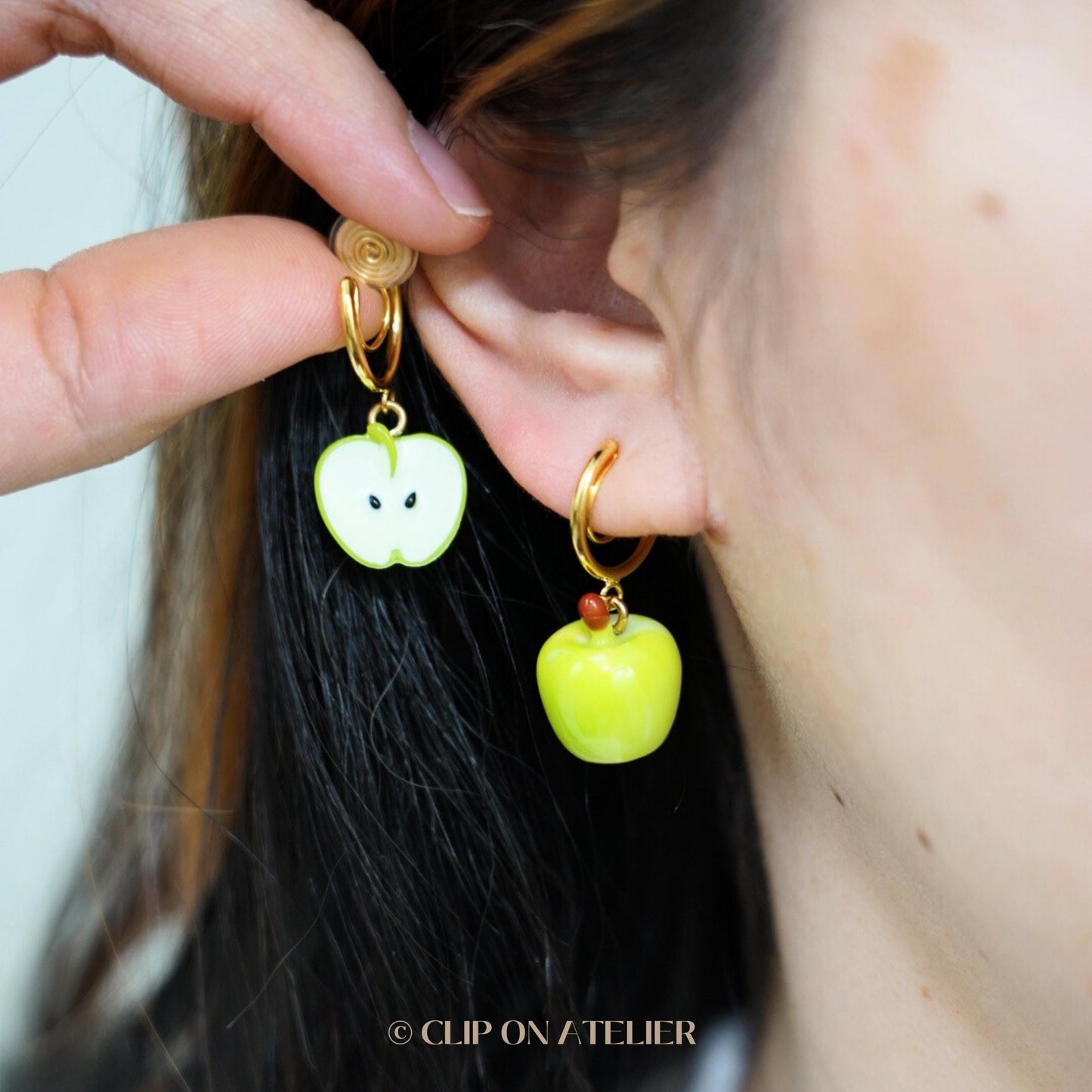 Clip On Earrings Apple Red Green Fruit Gold Hoop Earring Cute Huggies  | Pain Free Clip Coil | Non Pierced Ears | Christmas Jewelry Gift Kid