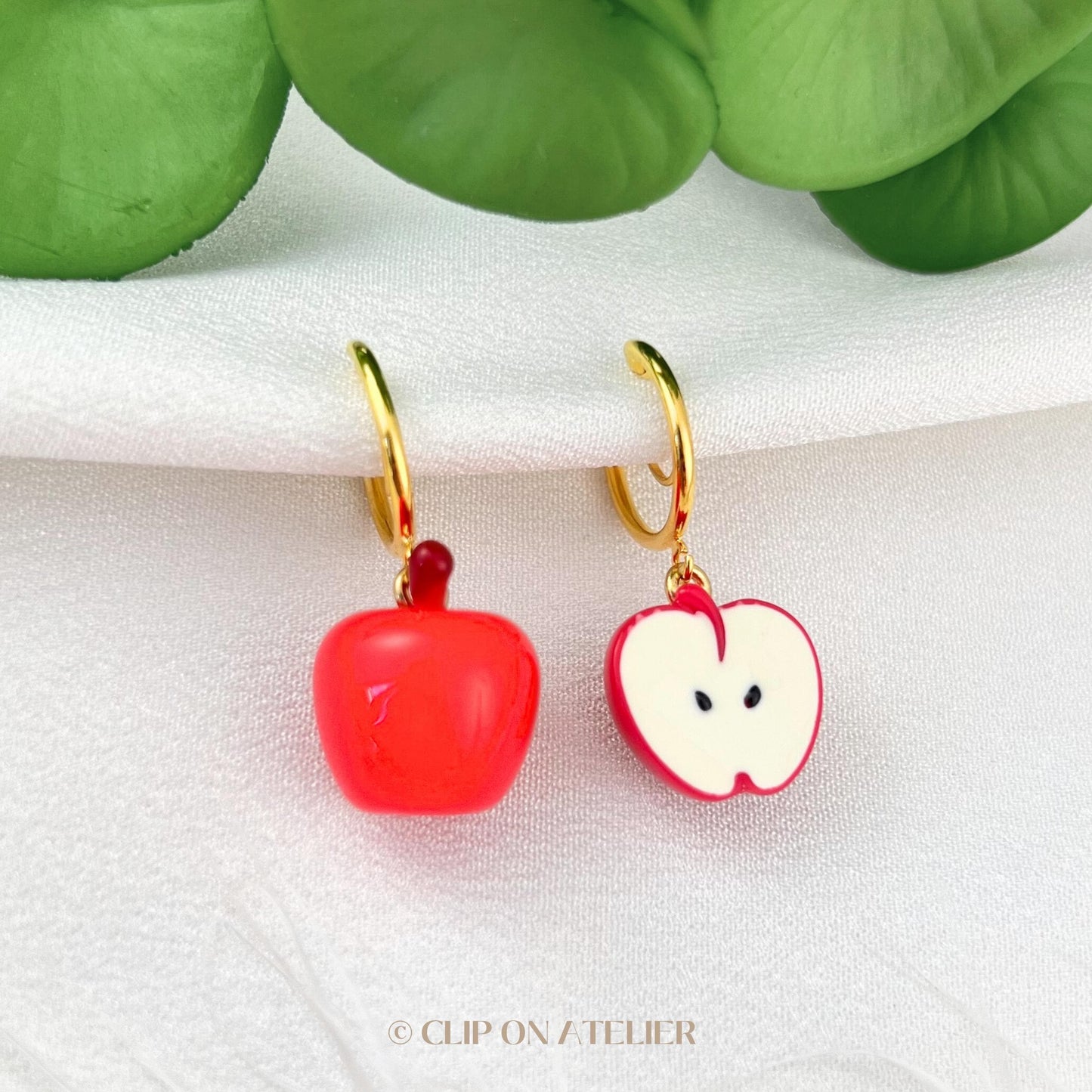 Clip On Earrings Apple Red Green Fruit Gold Hoop Earring Cute Huggies  | Pain Free Clip Coil | Non Pierced Ears | Christmas Jewelry Gift Kid